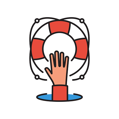 Helping icon. Lifebuoy holding in hand. Vector illustration flat line design. Charity support. Businessman with a life buoy. Give help man, metaphor. Isolated on white background.