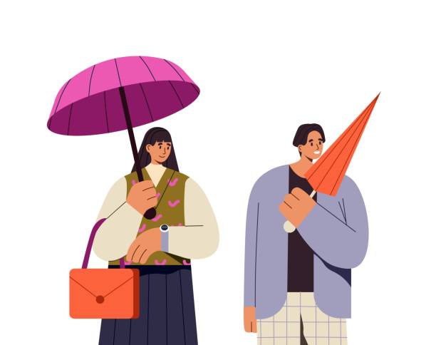 istock Happy people stand under autumn rain, hold folded and open umbrellas in hands. Friends carry parasols to protect from rainy, wet weather. Flat isolated vector illustration on white background 2150153332