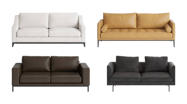 Set of four front views of a modern three-seater sofas. An ivory modern classic sofa with shaped armrests, a dark brown leather sofa, an orange sofa with back cushions, a black leather sofa.