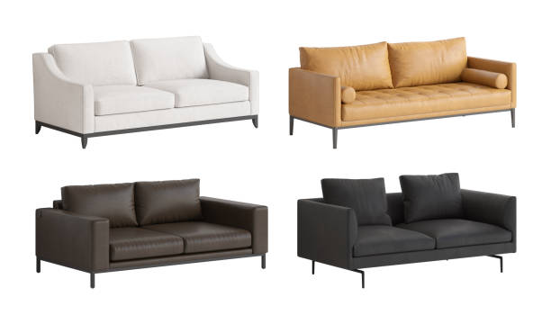 istock Set of four perspective views of a modern three-seater sofas. An ivory modern classic sofa with shaped armrests, a dark brown leather sofa, an orange leather sofa, and a black leather sofa. 2150155042