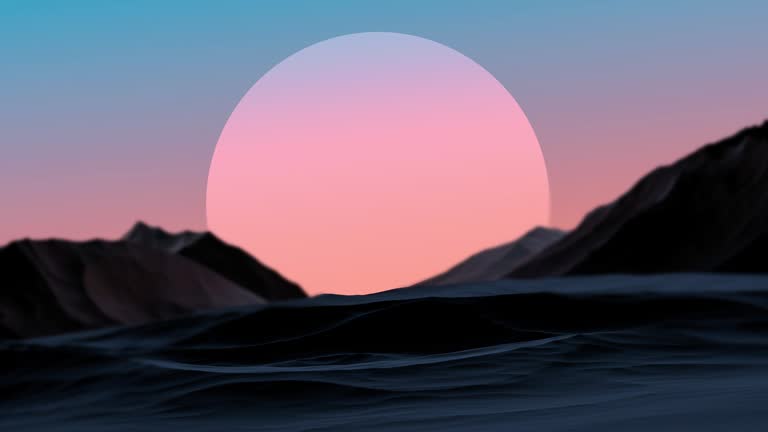 Planet on the horizon of the mountains, fantastic sunset scenery among the mountainous,rocky terrain,animation. 3D render