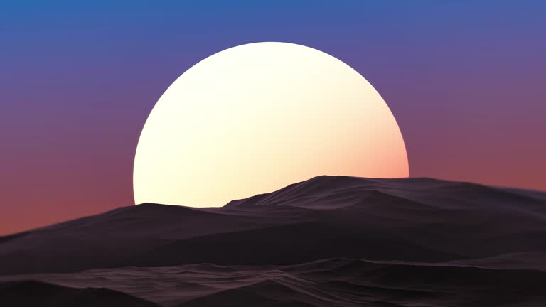 Planet behind the mountains,sunset among the mountains at dusk,retro landscape,animation.3D render