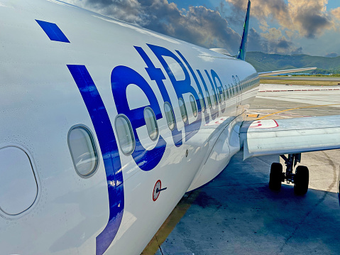 JetBlue Airplane operation and boarding in Cyril E. King Airport in US Virgin Islands on April 13th 2024.