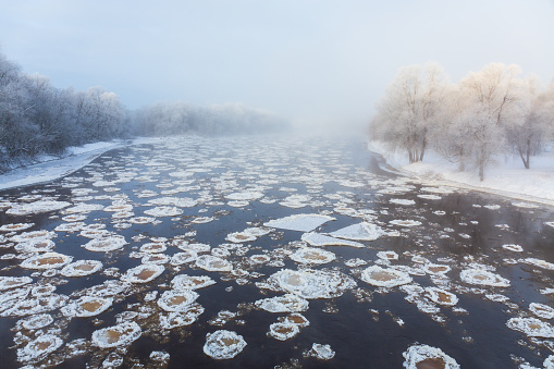 Freezing Gauja river in early winter morning near Ramkalni in Vidzeme region, Latvia