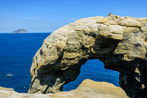 The Elephant Rock, formed by coastal erosion at the Shenao fishing port in northern Taiwan, collapsed along the joints of sandstone in December 2023. Its distinctive geological form no longer exists.