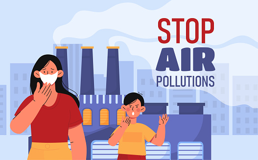 Stop air pollution poster. Man and woman near plant and factory with hazardous waste. Care about ecology, nature and environment. Landing webpage design. Cartoon flat vector illustration