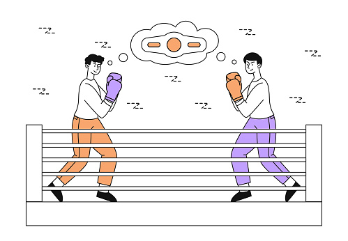 Two men boxing linear. Young guys in punching gloves at scene or ring. Active lifestyle and sports. Sportsmen at competition or tournament. Doodle flat vector illustration isolated on white background