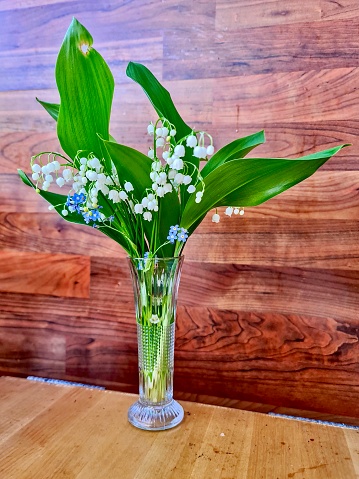 Spring's Fragrant Bouquet: A charming arrangement of lily-of-the-valley, with its sweetly scented white bells, complemented by the dainty blue stars of forget-me-nots, presents the quintessential essence of spring