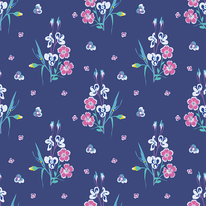 Vector seamless floral pattern on a blue background, a bouquet of small blue-lilac flowers and pink wild carnations in pastel light colors, pattern for design of fabric