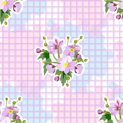 Vector seamless floral pattern. Pink flowers collected in a bouquet on a pink checkered background. For the design of textiles, tablecloths, wallpaper.