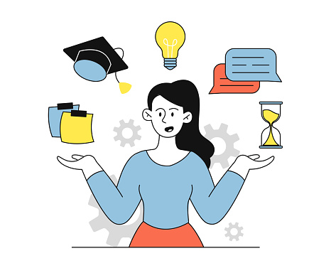 Woman with skills doodle. Girl with graduation hat, coghweel and light bulb. Student with cognitive abilities. Creativity and art. Simple flat vector illustration isolated on white background