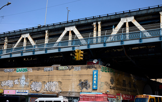 New York, NY USA - February 8, 2022 : Metro North Harlem - 125th Street station on the steel Park Avenue Viaduct as seen from the corner of E 125th Str in East Harlem in 2022
