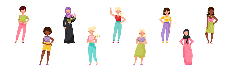 Different Woman of Various Nationality and Appearance Vector Set. Young Happy Female in Standing Pose