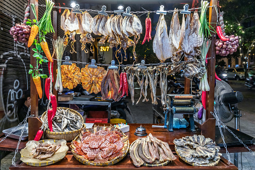 A variety of dried fish is sold at a stall in the center of Ho Chi Minh City, Vietnam