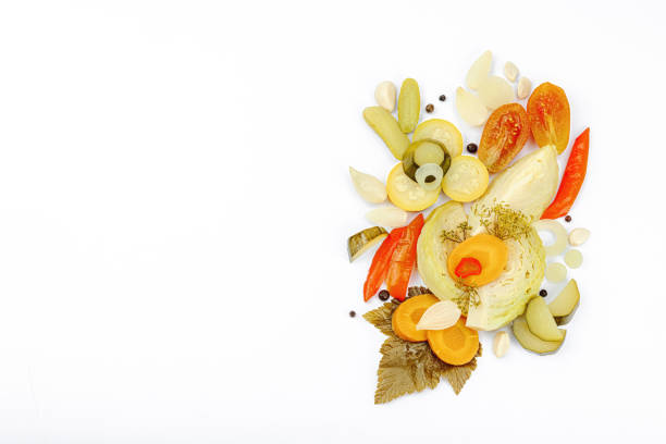 Assorted fermented vegetables. Probiotics, healthy food, vitamins. Vegan lifestyle, pickled dish