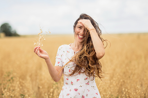 A beautiful brunette woman in a white dress runs along a field of golden chickpeas ear. Stylish girl in the field in windy weather