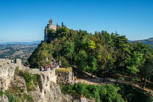 San Marino, San Marino - August 27, 2018: Seconda Torre - Cesta fortress. San Marino is a European microstate and country enclaved by Italy.