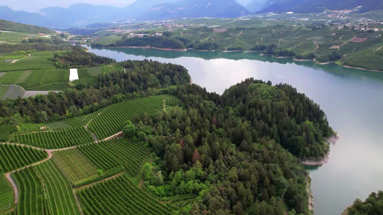 beautiful lakes of northern Italy. scenic Cles castel- in Trentino , province of Trento. lake Santa Giustina. Val di Non apple valley. aerial drone view