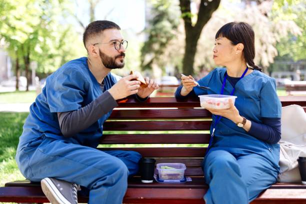 Medical workers having a lunch break