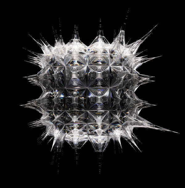 istock 3D render with surreal alien fractal cubical organic organism based on pyramid shapes patterns with sharp spikes in translucent glass diamond material on a black background 2150175217