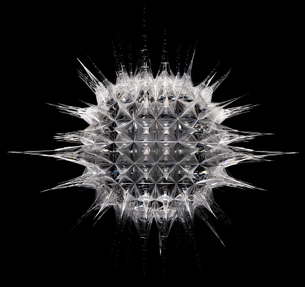 3D render with surreal alien fractal cubical organic organism based on pyramid shapes patterns with sharp spikes in translucent glass diamond material on a black background