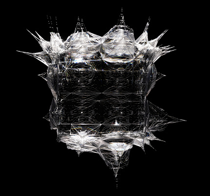 3D render with surreal alien fractal cubical organic organism based on pyramid shapes patterns with sharp spikes in translucent glass diamond material on a black background