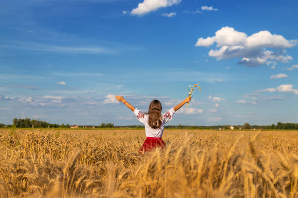 Ukrainian child in vyshyvanka in wheat field. Selective focus. Nature.