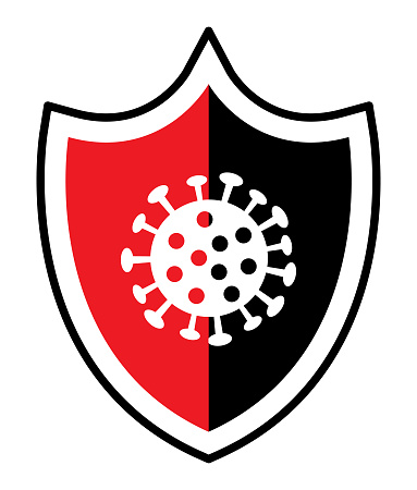 Vector illustration of a red and black shield with a white virussymbol on it on a white background.