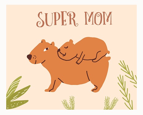 Cute capybara family. Funny mom and baby capybara. Happy capybaras, mom and baby. Mother's day greeting card design with capybaras. Flat vector illustration on white background.