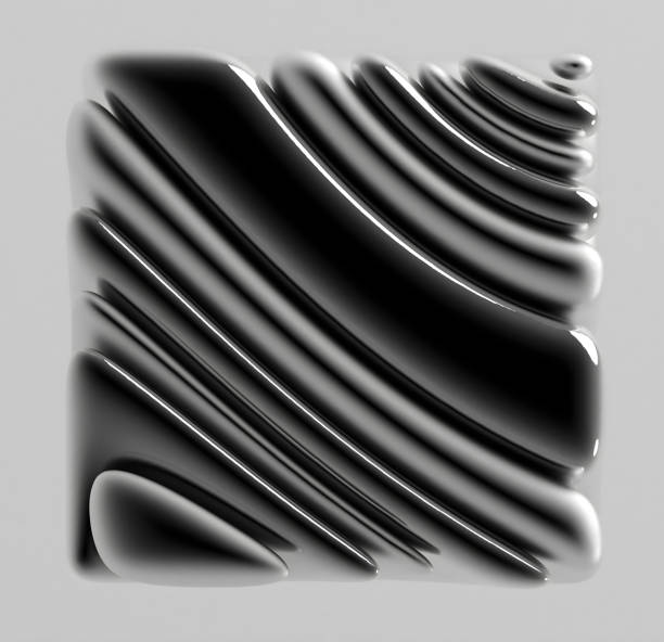 3d render monochrome with surreal abstract art sculpture cube or box in curve wavy lines forms in silver metal material with soft matte finish aluminium parts on light grey background
