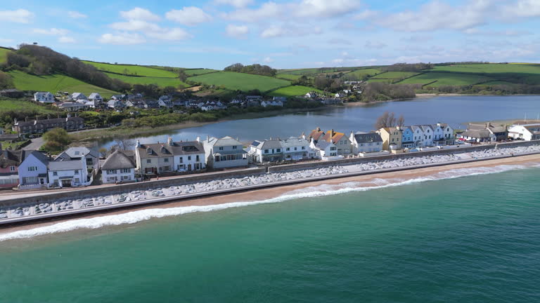 Drone view of Torcross across Slapton Ley beach, Devon