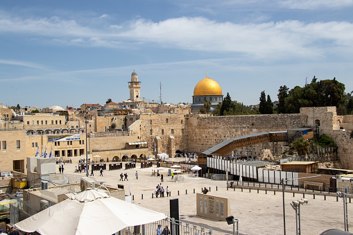The old city of Jerusalem, Israel, April 22, 2022: Western Wall and Dome of the Rock