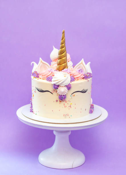 istock Colorful birthday cake with sprinkles, pink, blue and purple deocrations. Plain background, copy space 2150179213