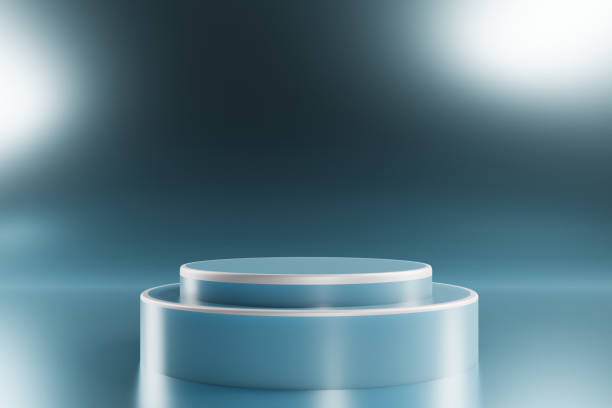 istock Empty podium cylinder with border and circle. Mockup space to showcase product design. 3D rendering. 2150182275