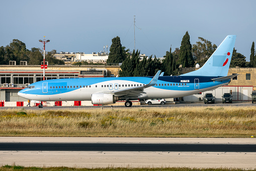 Luqa, Malta - April 21, 2024: Getjet Airlines Boeing 737-85P (REG: LY-TUI) operating flight KM626 to Milan for KM Malta Airlines.