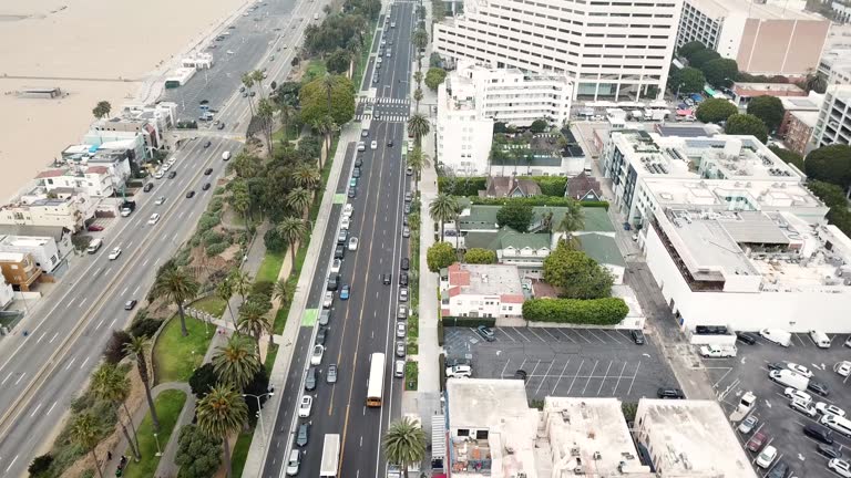 Aerial View of Pacific Coast Highway and Downtown Santa Monica, California with the Beach and Ocean Avenue in the Background