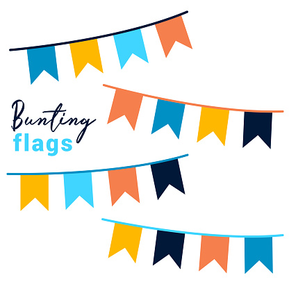 Multicolored bright buntings flags garlands isolated on white background blue yellow red orange