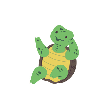 A cute cheerful spotted turtle dances while sitting on its shell. The vector icon of a cute green turtle on a white background is perfect for children's decor and design