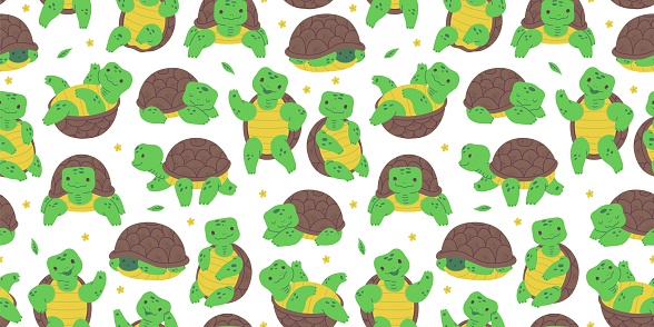 Seamless horizontal pattern with cartoon turtles: sitting, lying, dancing, ideal for wallpaper in children's rooms and textiles for the children's room..
