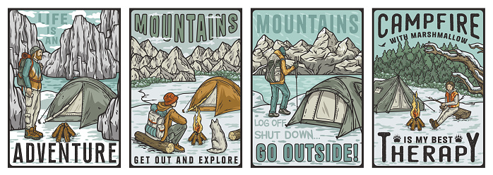 Set of four vintage-style outdoor adventure badges or posters featuring camping and nature themes. Collection of t-shirt prints for travel, nature hiking and camp.