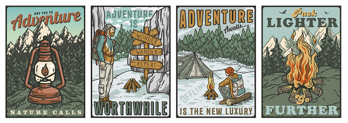 Collection of four vintage-style posters promoting adventure and outdoor activities. Collection of t-shirt prints for travel, nature hiking and camp.