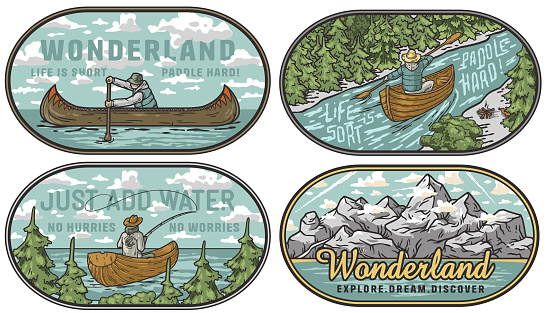 Collection of vintage-style adventure badges featuring canoeing and mountain landscapes. Collection of t-shirt prints for travel, nature hiking and camp.