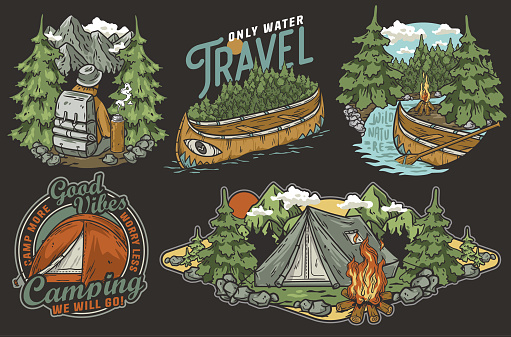 Collection of vintage-style badges featuring camping and travel themes with outdoor elements. Sticker pack or set for nature hiking and camp. Travel. T-shirt print.