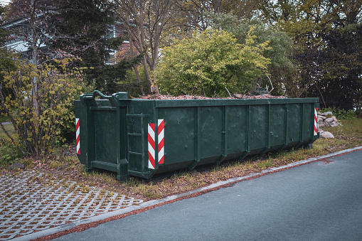 A large green container is completely filled with leaves