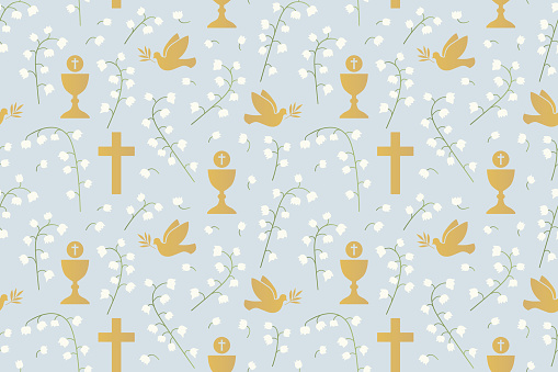 seamless pattern with christian religion icons: dove, chalice and cross and lily of the valley flowers; great for wrapping, greeting cards, invitations- vector illustration