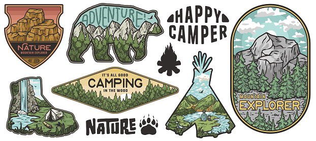 Set of vintage-style stickers featuring outdoor and camping themes, including mountains, wildlife, and nature-inspired frames and shapes for adventure enthusiasts and nature lovers.