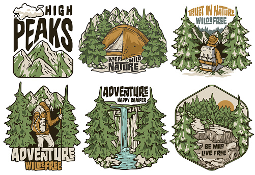 Collection of vintage-style camping badges with nature and adventure motifs for outdoor themes. Sticker pack travel. Set for hiking and camp. T-shirt print.