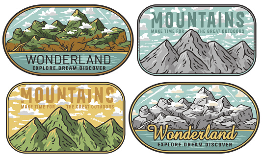 Collection of four vintage-style adventure badges, featuring mountain landscapes for exploring wilderness and embracing great outdoors. Sticker pack travel for camping. Set for nature hiking, camp.