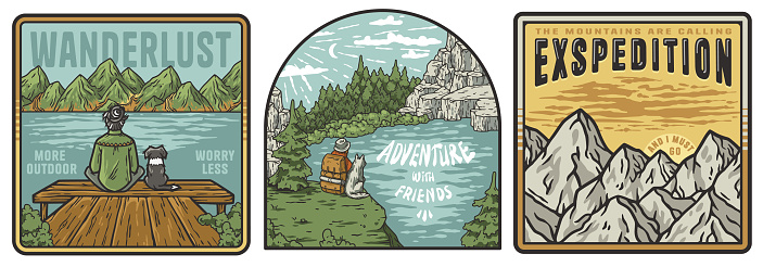 Set of three vintage-style sticker pack or posters promoting outdoor adventures, featuring illustrations of camping, mountain landscapes, and companionship in nature with inspirational travel quotes.