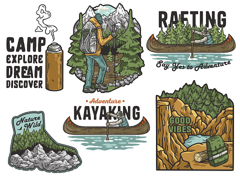 Set of vintage-style adventure badges featuring rafting, and kayaking themes. Sticker pack travel for camping. Set for nature hiking and camp. T-shirt print.